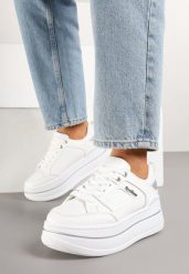 Białe Sneakersy z Brokatem na Platformie Larinea. Białe obuwie sportowe damskie Renee, z aplikacjami, z jeansu. Za 79.99 zł.