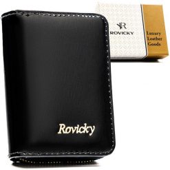 Mały portfel damski ze skóry naturalnej w czarnym kolorze, wyposażony w system RFID - Rovicky. Czarne portfele damskie ROVICKY, bez wzorów, ze skóry. Za 59.99 zł.
