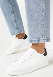 Biało-Czarne Wiązane Sneakersy na Płaskiej Podeszwie z Okrągłym Noskiem Adephine. Białe obuwie sportowe damskie Born2be, bez wzorów, z jeansu. Za 54.99 zł.