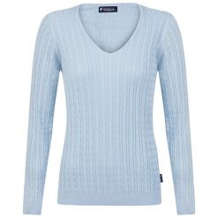 Sweter w kolorze niebieskim. Niebieskie swetry damskie Denim Culture, s, bez wzorów, z bawełny, bez kołnierzyka, bez ramiączek, długie, bez kaptura. W wyprzedaży za 149.95 zł.