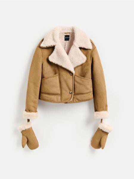 Kurtka z rękawiczkami - beżowy. Brązowe kurtki damskie Reserved, l, bez wzorów, ze skóry, bez kaptura. Za 359.99 zł.