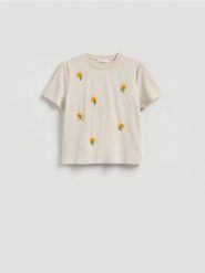 T-shirt z ozdobną aplikacją - beżowy. Brązowe t-shirty damskie Reserved, l, z aplikacjami, z bawełny, klasyczne, bez kołnierzyka. Za 79.99 zł.