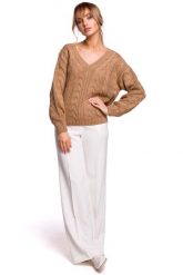 Sweter z Dekoltem w Serek - Beżowy. Brązowe swetry damskie MOE, l, bez wzorów, z materiału, bez kołnierzyka, bez ramiączek, bez kaptura. Za 209.90 zł.