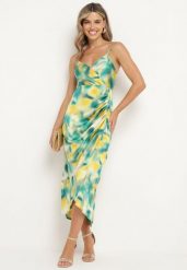 Zielono-Żółta Sukienka Satynowa na Ramiączkach z Kopertowym Dekoltem i Ozdobnymi Marszczeniami Vikani. Zielone sukienki damskie Born2be, na co dzień, l, bez wzorów, z satyny, eleganckie, bez kołnierzyka, bez ramiączek, kopertowe. Za 89.99 zł.