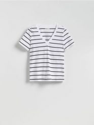 T-shirt regular z dekoltem V - wielobarwny. T-shirty damskie Reserved, l, bez wzorów, z bawełny, bez kołnierzyka. Za 35.99 zł.