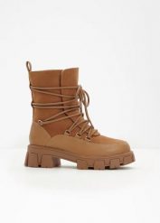 Botki sznurowane, ocieplane. Brązowe botki damskie bonprix, bez obcasa, bez zapięcia. Za 189.99 zł.