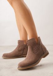 Jasnobrązowe Ażurowe Botki na Płaskiej Podeszwie ze Skórzaną Wkładką Terilara. Brązowe botki damskie Renee, z jeansu, bez obcasa, na płaskiej podeszwie, bez zapięcia. Za 149.99 zł.