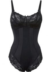 Body shape, średni stopień modelowania sylwetki. Czarne body damskie bonprix, bez wzorów, z koronki. Za 124.99 zł.