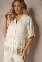 Biało-Beżowa Luźna Koszula z Wzorem Boho z Lnu i Wiskozy Karisna. Białe bluzki damskie Renee, na lato, l, bez wzorów, z jeansu, boho, bez kołnierzyka, bez ramiączek. Za 74.99 zł.