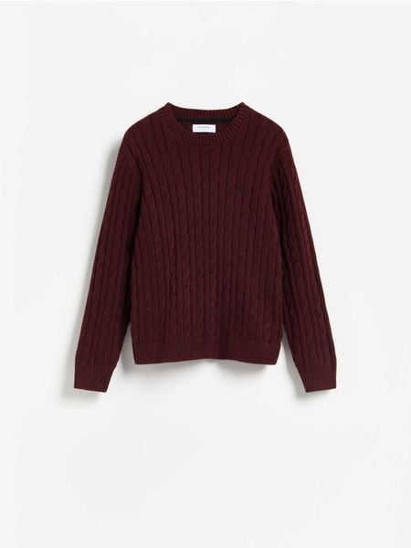 Sweter z haftem - karminowy. Czerwone swetry przez głowę męskie Reserved, l, bez wzorów, z bawełny, bez kołnierzyka. Za 149.99 zł.