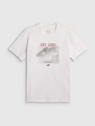 4F T-shirt regular z nadrukiem męski - biały XXL. Białe koszulki sportowe męskie 4f, m, bez wzorów, z materiału, bez kołnierzyka, bez ramiączek, na fitness i siłownię. Za 69.99 zł.