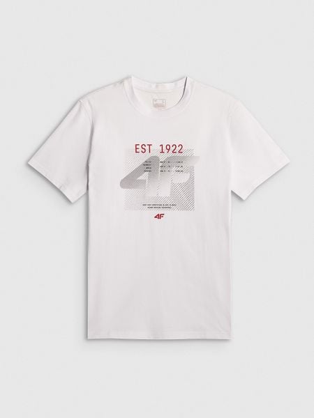 4F T-shirt regular z nadrukiem męski - biały XXL. Białe koszulki sportowe męskie 4f, m, bez wzorów, z materiału, bez kołnierzyka, bez ramiączek, na fitness i siłownię. Za 69.99 zł.