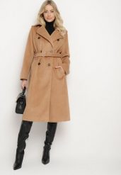 CIemnobeżowy Długi Dwurzędowy Płaszcz z Paskiem Senoriel. Brązowe płaszcze damskie Born2be, na zimę, xl, bez wzorów, z jeansu, eleganckie, długie, bez kaptura. Za 149.99 zł.