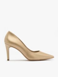 Czółenka w kolorze złotym na szpilce. Żółte czółenka damskie Brawo sp. z o.o., bez wzorów, ze skóry, bez obcasa, na szpilce, bez zapięcia. Za 379.99 zł.
