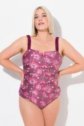 Damski Kostium kąpielowy kwiaty miękkie miseczki regulowane ramiączka. Fioletowe kostiumy jednoczęściowe damskie Ulla Popken, plus size, bez wzorów, z elastanu, plus size, do pływania. Za 233.99 zł.