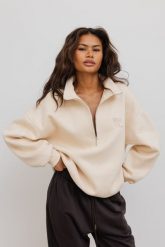 Bluza oversize z zamkiem w kolorze BISQUIT - STATE. Brązowe bluzy damskie Marsala, bez wzorów, z bawełny, bez kaptura. Za 299.90 zł.