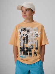 4F T-shirt loose z nadrukiem chłopięcy - pomarańczowy 158/164 (12-14 lat). Brązowe t-shirty dla chłopców 4f, bez wzorów, z bawełny, bez ramiączek. Za 49.99 zł.