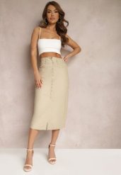 Jasnobeżowa Spódnica z Ekoskóry High Waist z Rozcięciem i Napami z Przodu Asttia. Brązowe spódnice damskie Renee, na zimę, m, bez wzorów, z bawełny, z podwyższonym stanem, midi, dopasowane. Za 49.99 zł.