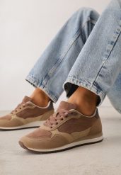 Ciemnobeżowe Sneakersy Casualowe z Imitacji Zamszu z Podeszwą z Bieżnikiem Alevtina. Brązowe obuwie sportowe damskie Born2be, bez wzorów, z dzianiny. Za 119.99 zł.