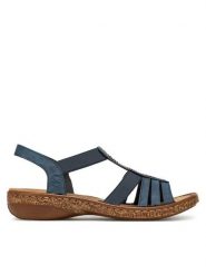 Rieker Sandały 628G7-14 Granatowy. Niebieskie sandały damskie Rieker, bez wzorów, z materiału, bez obcasa, na płaskiej podeszwie, bez zapięcia. Za 299.99 zł.