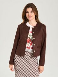 Elegancka kurtka z imitacji zamszu i ozdobnymi guzikami - brązowy. Brązowe kurtki damskie Sinsay, l, bez wzorów, bez kaptura. Za 69.99 zł.