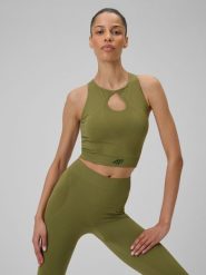 4F Top do jogi slim szybkoschnący damski - oliwkowy M/L. Brązowe koszulki sportowe damskie 4f, l, bez wzorów, z włókna, klasyczne, bez kołnierzyka. Za 119.99 zł.