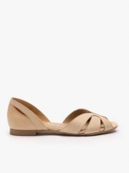 Beżowe baleriny z odkrytymi palcami. Brązowe baleriny damskie Ryłko, na lato, bez wzorów, ze skóry, eleganckie, bez obcasa, na płaskiej podeszwie. Za 399.99 zł.