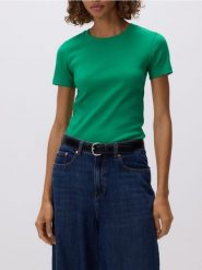 T-shirt w prążek - zielony. Zielone t-shirty damskie Reserved, l, bez wzorów, z bawełny, bez kołnierzyka. Za 59.99 zł.