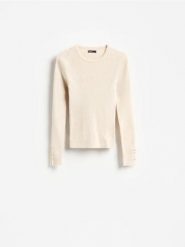 Sweter z ozdobnymi guzikami - beżowy. Brązowe swetry damskie Reserved, l, bez wzorów, z bawełny, bez kołnierzyka, bez ramiączek, bez kaptura. Za 89.99 zł.