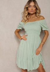 Zielona Bawełniana Sukienka o Rozkloszowanym Kroju z Gumką przy Dekolcie Moridia. Zielone sukienki damskie Renee, na imprezę, m, bez wzorów, z bawełny, eleganckie, bez kołnierzyka, bez ramiączek, mini, dopasowane. Za 39.99 zł.