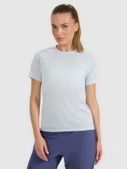 4F Koszulka do biegania regular szybkoschnąca damska - niebieska L. Niebieskie koszulki sportowe damskie 4f, l, bez wzorów, z materiału, bez kołnierzyka, bez ramiączek, do biegania. W wyprzedaży za 99.99 zł.