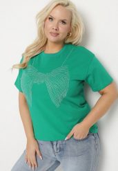 Ciemnozielony T-shirt ze Wzorem z Cyrkonii Olisellea. Zielone bluzki damskie Born2be, xl, bez wzorów, z bawełny, bez kołnierzyka. Za 44.99 zł.