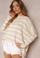 Beżowy Oversizowy Sweter z Rękawami o Fasonie Nietoperz i Wzorem w Paski Eistauma. Brązowe swetry damskie Renee, bez wzorów, casualowe, bez kołnierzyka, bez ramiączek, bez kaptura. Za 99.99 zł.
