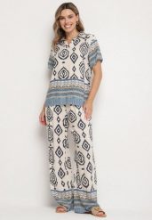 Niebieski Wiskozowy Komplet Bluzka i Szerokie Spodnie we Wzór Boho Jelkio. Niebieskie bluzki damskie Born2be, l, bez wzorów, z wiskozy. Za 109.99 zł.