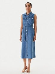 Morgan Sukienka jeansowa 251-RJEAN Niebieski Regular Fit. Niebieskie sukienki damskie Morgan, bez wzorów, z bawełny, bez kołnierzyka, bez ramiączek. Za 319.99 zł.