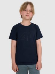 4F T-shirt regular z nadrukiem chłopięcy - granatowy 152 (11-12 lat). Niebieskie t-shirty dla chłopców 4f, bez wzorów, z bawełny, bez ramiączek. Za 39.99 zł.
