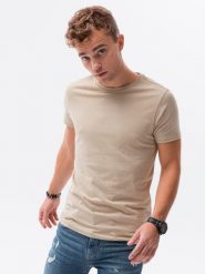 T-shirt męski bawełniany BASIC - piaskowy V11. Szare t-shirty męskie Ombre Clothing, m, bez wzorów, z bawełny, klasyczne, bez kołnierzyka. W wyprzedaży za 19.99 zł.