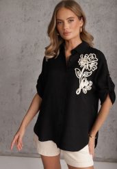 Czarna Nietoperzowa Koszula z Wiskozy z Podpinanymi Rękawami i Haftem Adreaneh. Czarne bluzki damskie Renee, l, z aplikacjami, z jeansu, boho, bez kołnierzyka, bez ramiączek. Za 69.99 zł.