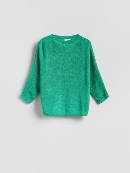 Gładki sweter - jasnozielony. Zielone swetry damskie Reserved, l, bez wzorów, z dzianiny, bez kołnierzyka, bez ramiączek, bez kaptura. Za 89.99 zł.
