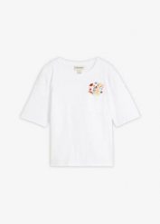 T-shirt z czystej bawełny organicznej, z haftem. Białe t-shirty damskie bonprix, bez wzorów, z bawełny, bez kołnierzyka. Za 52.99 zł.