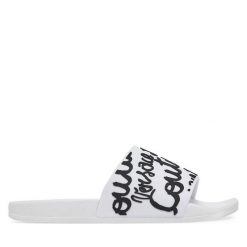 Klapki Versace Jeans Couture. Białe klapki damskie Versace Jeans Couture, bez wzorów, z jeansu, bez obcasa. Za 179.99 zł.