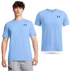 Koszulka fitness męska UNDER ARMOUR 1326799 z krótkim rękawem. Niebieskie koszulki sportowe męskie Under Armour, m, bez wzorów, bez kołnierzyka, bez ramiączek, na fitness i siłownię. W wyprzedaży za 69.79 zł.