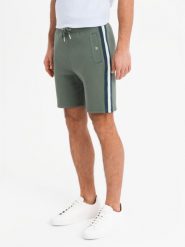 Męskie dresowe szorty z lampasami i ściągaczem w pasie oliwkowe V2 OM-SRSK-0156 XXL. Zielone krótkie spodenki sportowe męskie Ombre, m, bez wzorów, z dresówki. Za 408.47 zł.