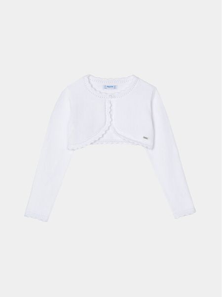 Mayoral Bolerko 320 Biały Regular Fit. Białe swetry dla dziewczynek Mayoral, bez wzorów, z bawełny, bez kołnierzyka, bez ramiączek, bez kaptura. Za 79.99 zł.