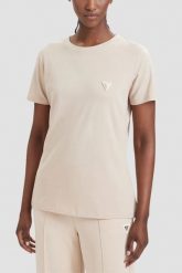 GUESS Kremowy damski t-shirt na krótki rękaw Colette, Rozmiar M. Brązowe t-shirty damskie Guess, m, z aplikacjami, eleganckie, bez kołnierzyka. Za 189.99 zł.