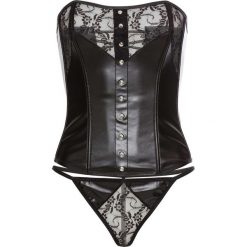 Gorset + stringi (2 części) bonprix czarny. Czarne stringi damskie bonprix, w paski, z koronki. Za 79.99 zł.
