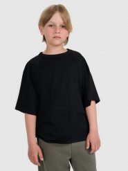 4F T-shirt oversize gładki chłopięcy - czarny 128 (7-8 lat). Czarne t-shirty dla chłopców 4f, bez wzorów, z bawełny, bez ramiączek. W wyprzedaży za 29.99 zł.