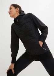 Kurtka pikowana, hybrydowa, z różnych materiałów. Czarne płaszcze damskie bonprix, bez wzorów, z materiału, bez kaptura. Za 349.99 zł.