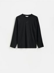 Longsleeve z bawełną - czarny. Czarne bluzki z długim rękawem męskie Reserved, l, bez wzorów, z bawełny, bez kołnierzyka. Za 99.99 zł.