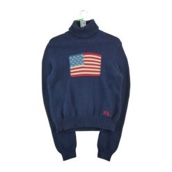 Second life - Damski sweter USA Flag RL Navy - Stan bardzo dobry. Niebieskie swetry damskie Ralph Lauren, s, bez wzorów, z materiału, eleganckie, bez kołnierzyka, bez ramiączek, bez kaptura. Za 447.26 zł.